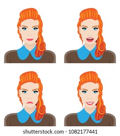 Face expression of a cute woman. Female emotion. Attractive cartoon character. Vector illustration isolated on white, grey, colour background.
