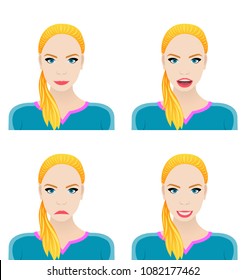 Face expression of a cute woman. Female emotion. Attractive cartoon character. Vector illustration isolated on white, grey, colour background.
