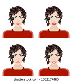Face expression of a cute woman. Female emotion. Attractive cartoon character. Vector illustration isolated on white, grey, colour background.
