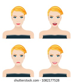 Face expression of a cute woman. Female emotion. Attractive cartoon character. Vector illustration isolated on white, grey, colour background.
