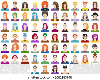 Face expression of a cute woman. Female emotion. Attractive cartoon character. Vector illustration isolated on white, grey, colour background.
