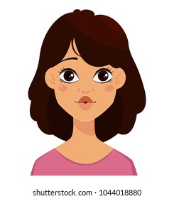 Face expression of a cute woman, kissing. Female emotion. Attractive cartoon character. Vector illustration isolated on white background.