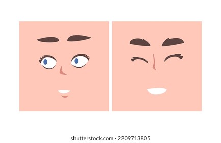 Face Expression And Emotion With Eyebrow And Mouth Grimace In Square Shape Vector Set