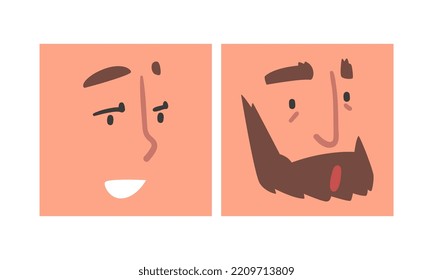 Face Expression And Emotion With Eyebrow And Mouth Grimace In Square Shape Vector Set