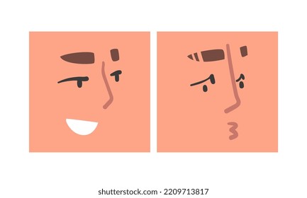 Face Expression And Emotion With Eyebrow And Mouth Grimace In Square Shape Vector Set