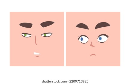 Face Expression And Emotion With Eyebrow And Mouth Grimace In Square Shape Vector Set