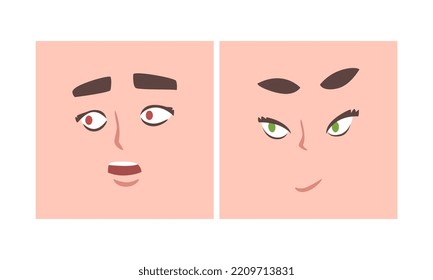 Face Expression And Emotion With Eyebrow And Mouth Grimace In Square Shape Vector Set