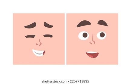 Face Expression And Emotion With Eyebrow And Mouth Grimace In Square Shape Vector Set