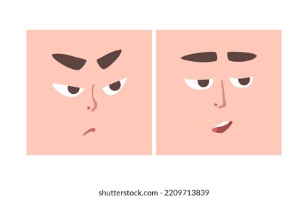 Face Expression And Emotion With Eyebrow And Mouth Grimace In Square Shape Vector Set