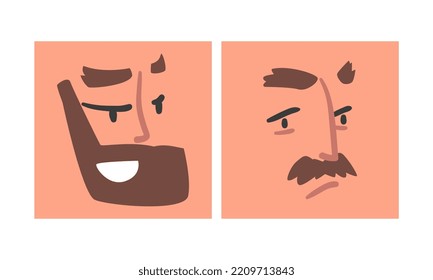 Face Expression And Emotion With Eyebrow And Mouth Grimace In Square Shape Vector Set