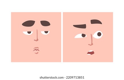 Face Expression And Emotion With Eyebrow And Mouth Grimace In Square Shape Vector Set