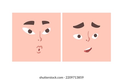 Face Expression And Emotion With Eyebrow And Mouth Grimace In Square Shape Vector Set