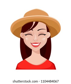 Face expression of farmer woman in hat. Female emotion, laughing, cheerful. Beautiful cartoon character. Vector illustration isolated on white background.