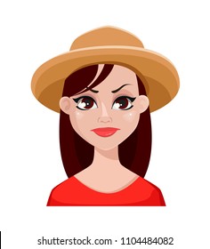 Face expression of farmer woman in hat. Female emotion, angry. Beautiful cartoon character. Vector illustration isolated on white background.