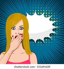 Face expression feelings, empty speech bubble. Frightened young sexy blonde comic girl pop art style. Human emotions. Vector illustration woman portrait, red lips, empty speech bubble comic book
