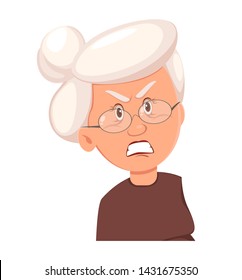 Face expression of grandmother, angry. Emotion of old woman. Vector illustration on white background