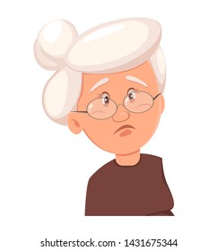 Face expression of grandmother, sad. Emotion of old woman. Vector illustration on white background