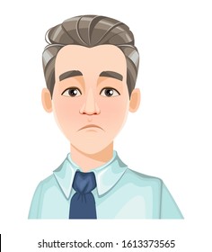 Face expression of handsome business man, disappointed. Male emotion. Avatar. Cartoon character. Vector illustration isolated on white background.