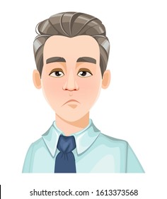 Face expression of handsome business man, tired. Male emotion. Avatar. Cartoon character. Vector illustration isolated on white background.