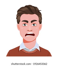 Face expression of handsome business man, angry. Male emotion. Avatar. Cartoon character. Stock vector illustration isolated on white background.