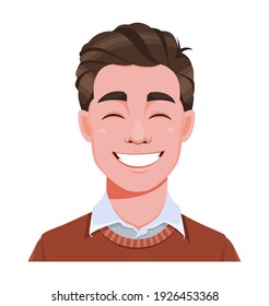 Expresión de cara de un hombre de negocios apuesto, riendo. Emoción masculina. Avatar. Caricatura. Ilustración vectorial de material aislada en fondo blanco.