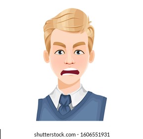 Face expression of handsome man with blonde hair, angry. Male emotion. Avatar. Cartoon character. Vector illustration isolated on white background.