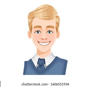 Face expression of handsome man with blonde hair, cheerful. Male emotion. Avatar. Cartoon character. Vector illustration isolated on white background.
