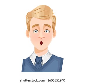 Face expression of handsome man with blonde hair, surprised. Male emotion. Avatar. Cartoon character. Vector illustration isolated on white background.