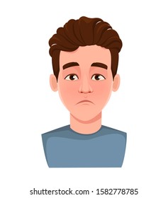 Face expression of handsome man, disappointed. Male emotion. Young guy cartoon character. Vector illustration isolated on white background.