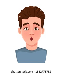 Face expression of handsome man, surprised. Male emotion. Young guy cartoon character. Vector illustration isolated on white background.