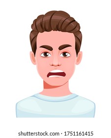 Face expression of handsome young man, angry. Male emotion. Avatar. Cartoon character. Vector illustration isolated on white background.