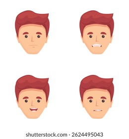 Face expression icons set cartoon vector. Young man with various expression. Cartoon character