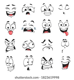 Face expression isolated vector icons, funny cartoon emoji exhausted, crying and crazy, angry, laughing and sad. Facial feelings, emoticons upset, happy and show tongue. Cute face expressions set