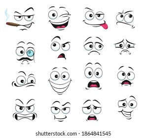 Face expression isolated vector icons, funny cartoon emoji smoking cigar, wink and sad, smiling, confused and wear monocle eyeglass with mustache. Cheerful, angry and show tongue face expressions set