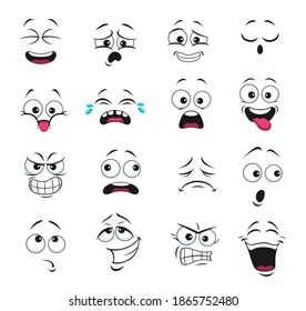 Face expression isolated vector icons, funny cartoon boring, crying and thoughtful, teeth, angry, laughing and sad. Facial feelings upset, happy and show tongue cute faces set