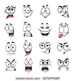 Face expression isolated vector icons, funny cartoon emoji sweating, whistle and yelling, angry, happy or laughing or sad. Facial feelings, emoticons grit teeth, show tongue. Cute face expressions set