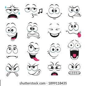 Face expression isolated vector icons, funny cartoon emoji whistle, yelling and sweating, gnash teeth, angry, laughing and sad. Facial feelings, emoticons upset, happy and show tongue cute faces set