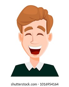 Face expression of a man with blond hair - laughing. Male emotions. Handsome business man cartoon character. Vector illustration isolated on white background.