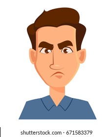 Face expression of a man - dissatisfied, angry. Male emotions. Handsome cartoon character. Vector illustration isolated on white background.