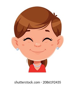 Face expression of pretty woman, smiling. Female emotion. Cute lady cartoon character. 