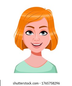 Face expression of redhead woman, cheerful. Female emotion. Beautiful cartoon character. Vector illustration