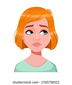 Face expression of redhead woman, disappointed. Female emotion. Beautiful cartoon character. Vector illustration