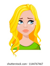 Face expression of student woman with blond hair. Female emotion, upset. Beautiful cartoon character. Vector illustration isolated on white background.