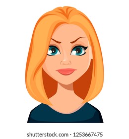 Face expression of woman with blond hair, displeased. Beautiful cartoon character modern business woman. Vector illustration isolated on white background.