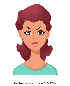 Face expression of a woman - dissatisfied, angry. Female emotions. Attractive cartoon character. Vector illustration isolated on white background.