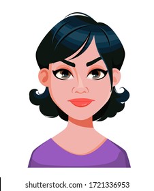 Face expression of woman with stylish haircut, angry. Female emotion. Cute cartoon character. Vector illustration isolated on white background.