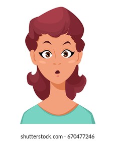 Face expression of a woman - surprised. Female emotions. Attractive cartoon character. Vector illustration isolated on white background.