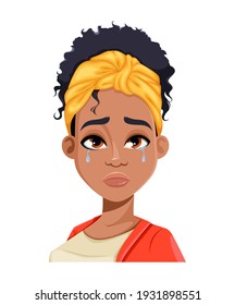 Face expression of young African American woman, crying. Different female emotions set. Beautiful cartoon character in flat style. Stock vector illustration