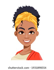 Face expression of young African American woman, cheerful. Different female emotions set. Beautiful cartoon character in flat style. Stock vector illustration