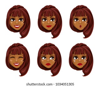 Face expressions of African American woman with fashionable hairstyle. Different female emotions set. Attractive cartoon character. Vector illustration isolated on white background.